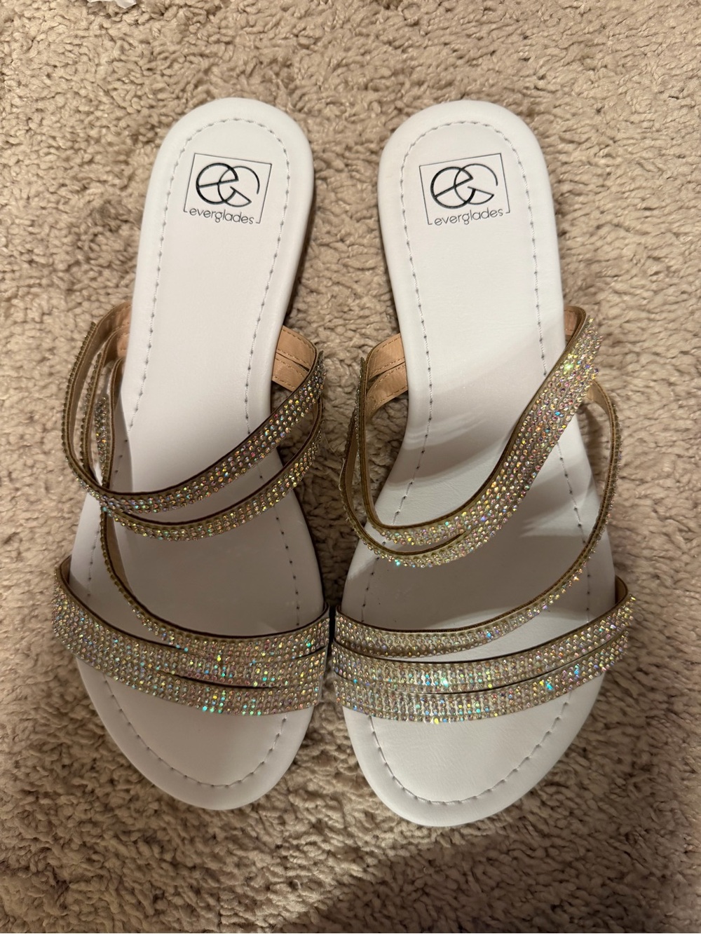 Everglades Gold Rhinestone Slide Sandals in White